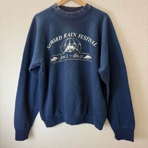Vintage Seward Rain Festival Sweatshirt Navy Blue Graphic Print Raglan Sleeve